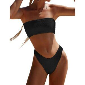 Women's Ribbed Strapless Bandeau Bikini Top & Mid Waist Cheeky Bottom Swimsuit